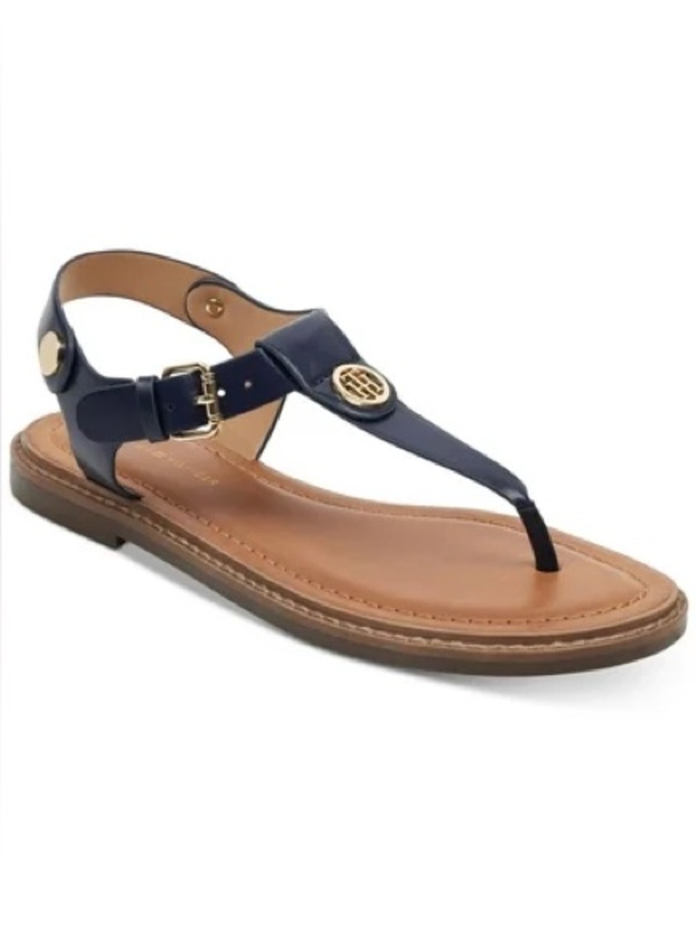 Tommy Hilfiger Bennia thong sandals navy blue upper metallic monogram logo 8.5M